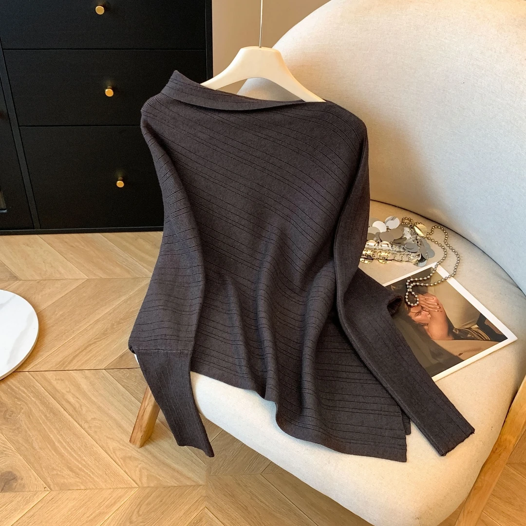洋气一字肩荡领蝙蝠袖毛衣女秋冬新款不规则慵懒风中长款针织上衣
