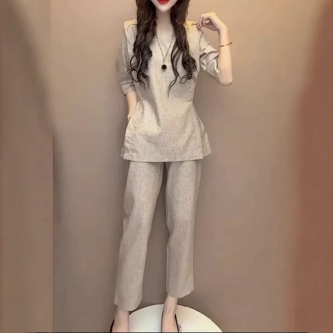 中年女装2025夏季新款圆领开叉纯色套装九分裤显瘦女30-40两件套