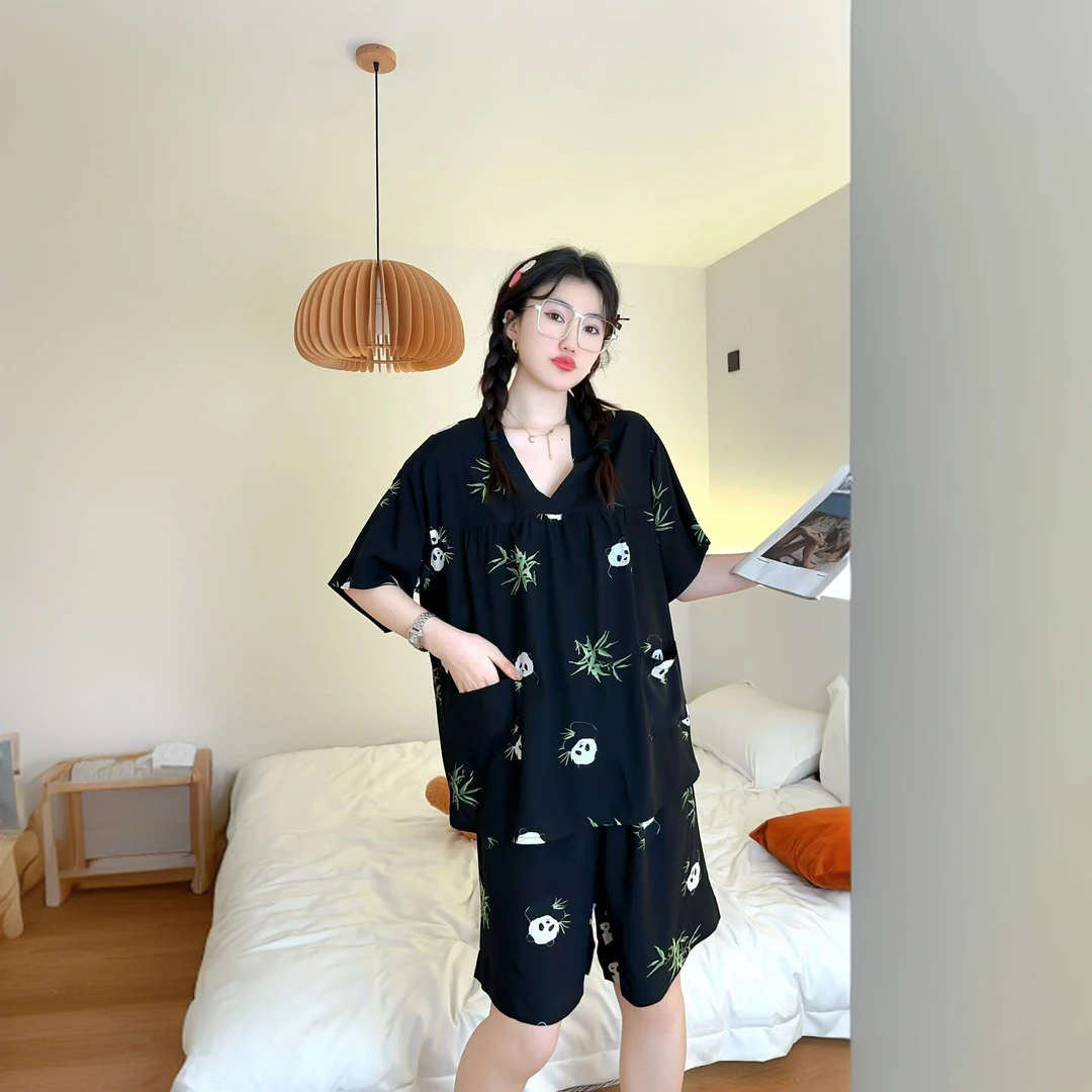 夏季新款大码卡通印花短裤宽松网红花色v领两件套睡衣女套装1508