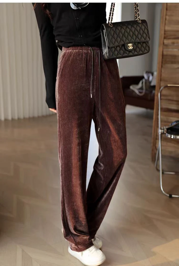 高克重复古金丝绒垂感阔腿裤女秋冬松紧腰抽绳宽松休闲直筒裤厚款