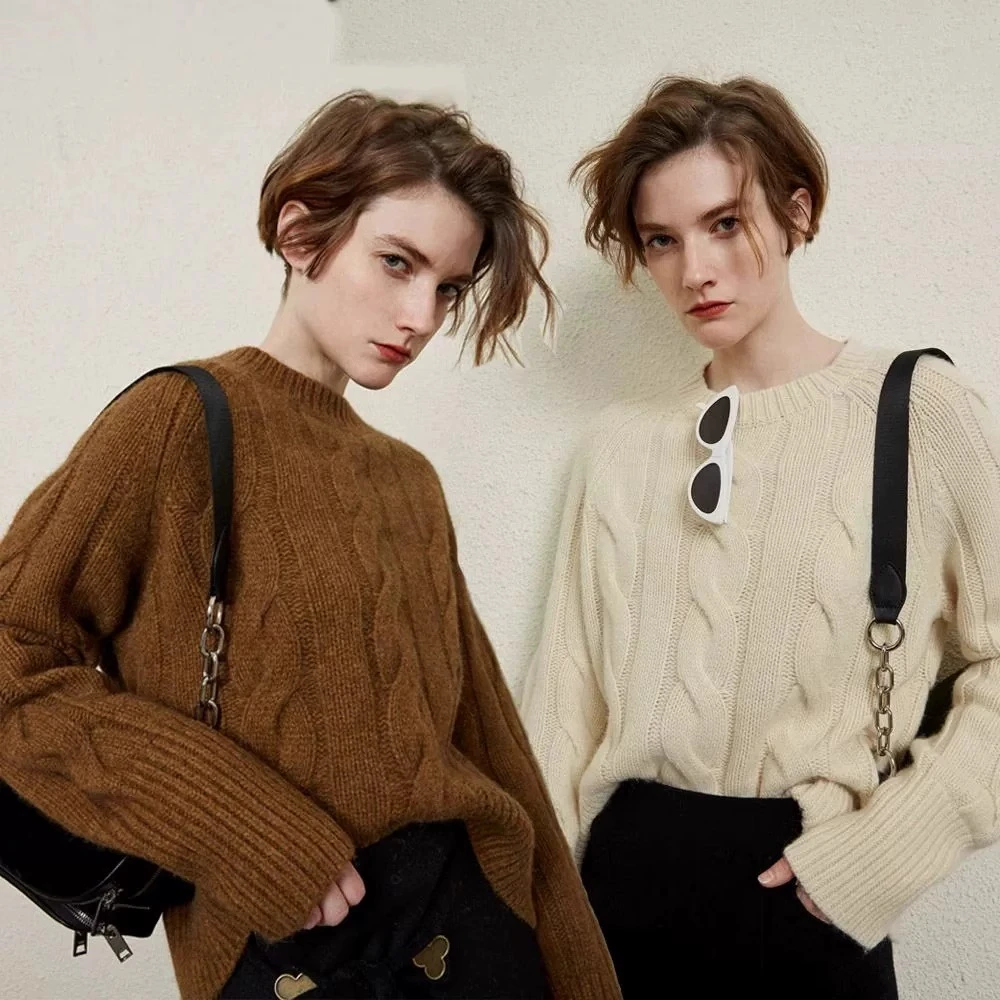 清仓复古圆领扭花纯色短款全羊毛衫慵懒宽松休闲加厚女士针织毛衣