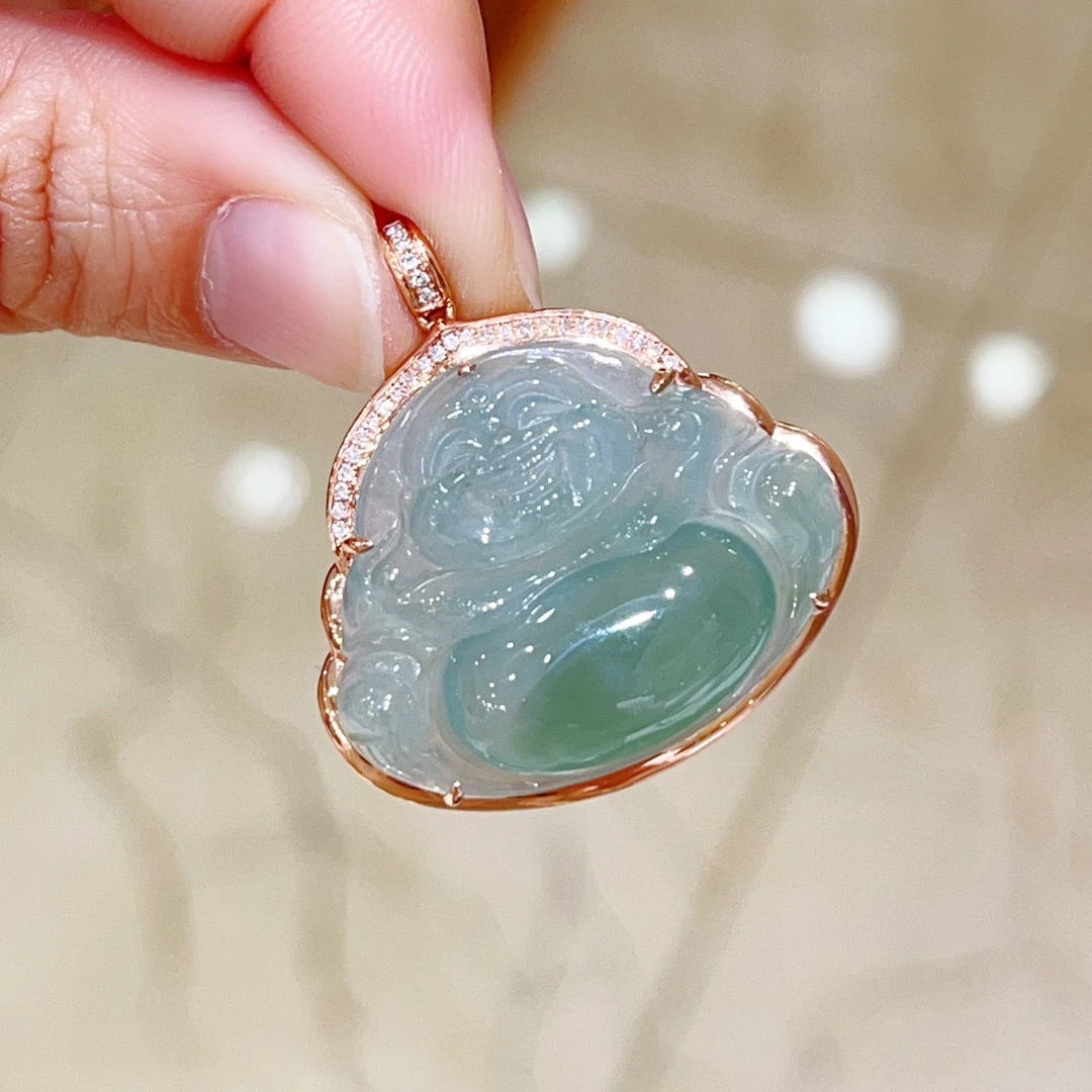 18k玫瑰金镶嵌翡翠佛公吊坠 4980