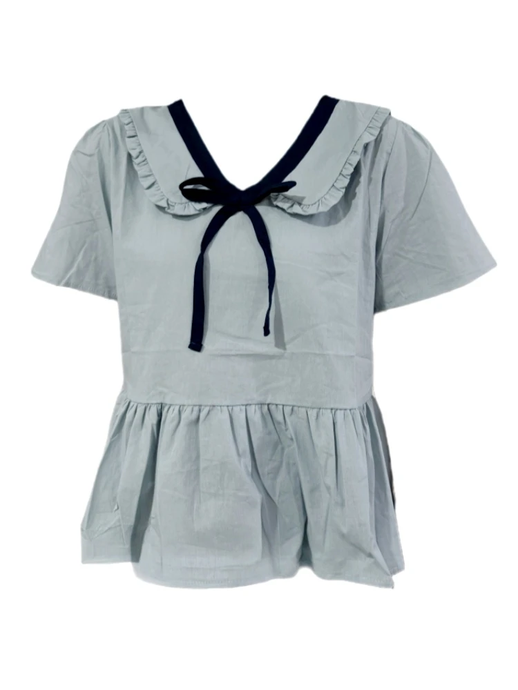 【Amy家】微胖mm设计感简约娃娃领短袖衬衫女夏季宽松显瘦百搭上衣