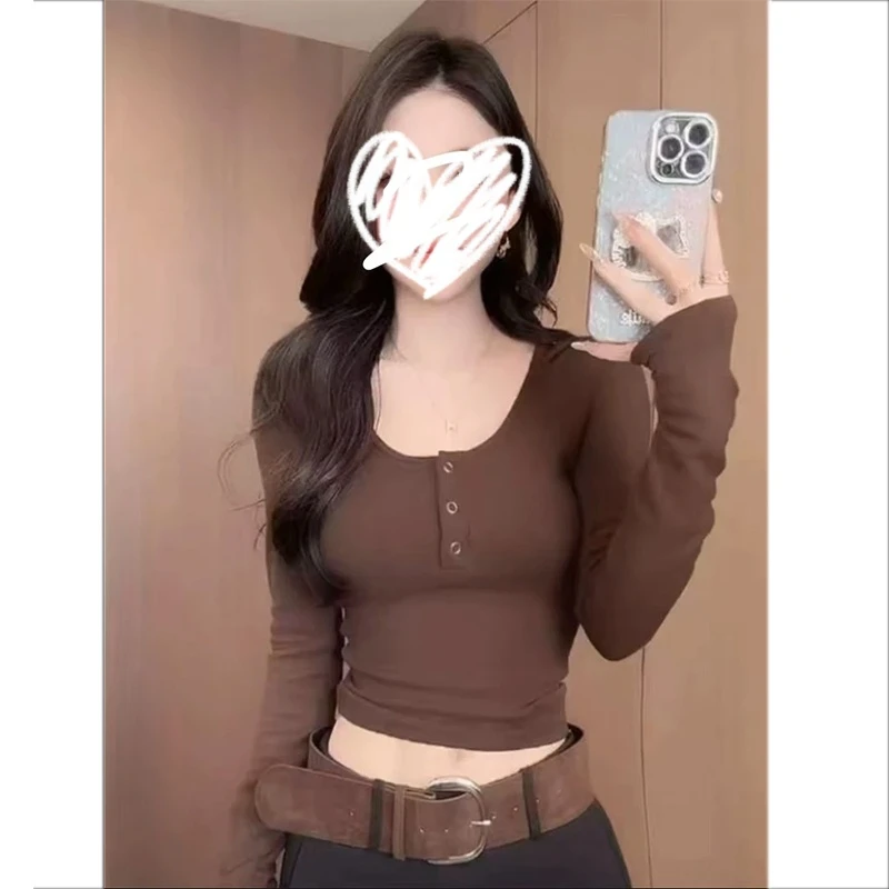 高级感复古风连帽扣长袖T恤女装秋季修身显瘦短款内搭打底衫上衣