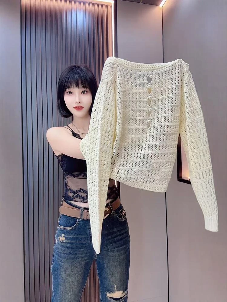 【芳芳私服】纯色圆领镂空钉珠女针织毛针织衫气质秋季设计感长袖