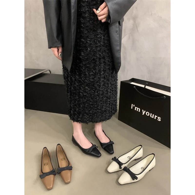 【法国设计师】平底方头蝴蝶结黑色单鞋女鞋子2025新款春秋季浅口