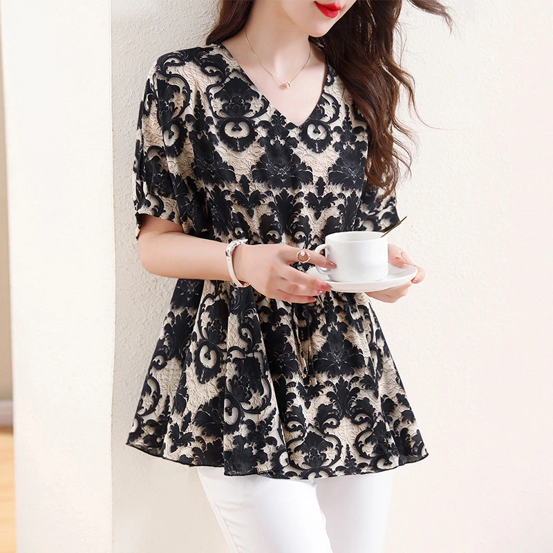 翠花气质女士t恤短袖夏装胖MM宽松遮肉小衫抽绳收腰洋气妈妈上衣
