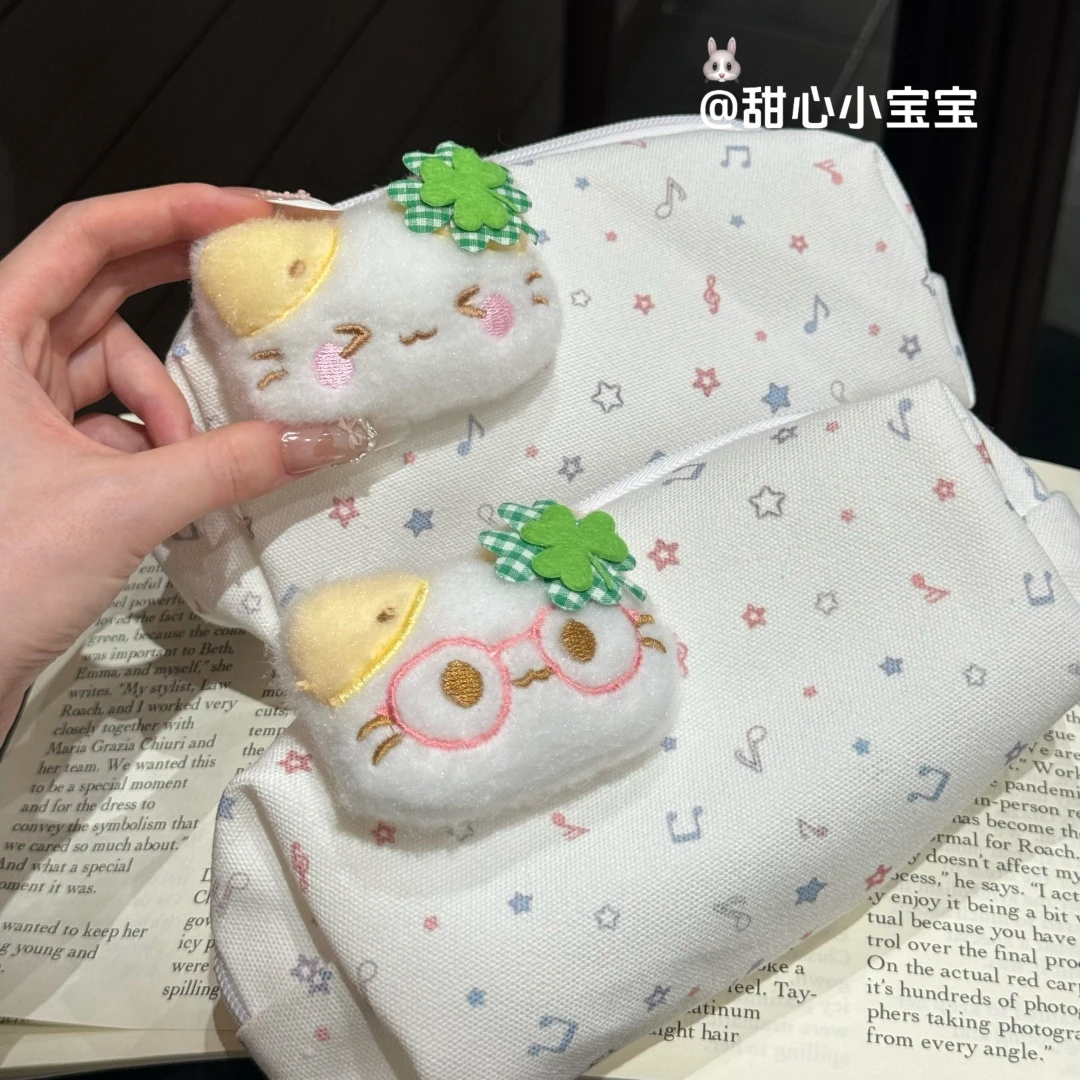 四叶草猫咪高颜值笔袋可爱幸运音符ins大容量桌面学生文具收纳袋