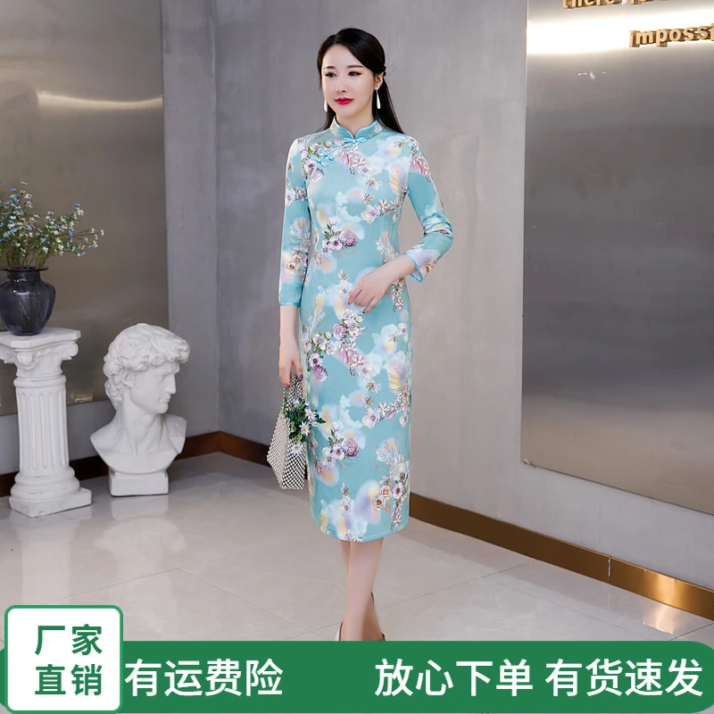 春秋款鹿皮绒旗袍连衣裙 显身材显气质显年轻 he.
