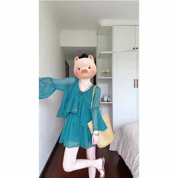 夏季两件套装千禧古早美学金色系孔雀蓝雪纺衬衫钉珠上衣+半身裙