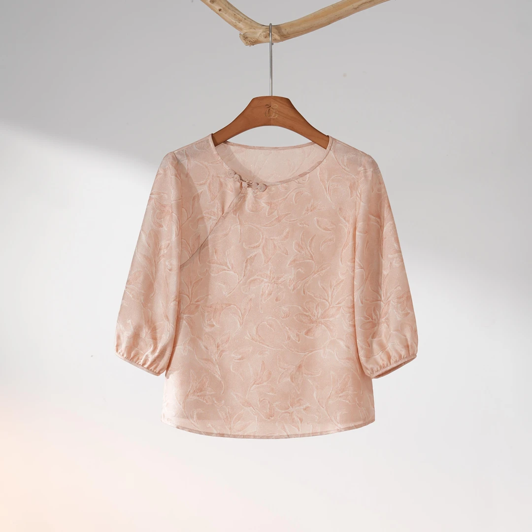 西子/ 【花未眠】19姆米桑蚕丝花萝圆领粉色上衣/SYTJ259