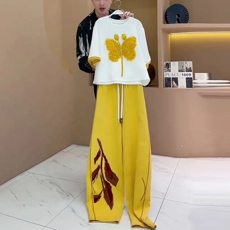 时尚文艺休闲运动套装2025夏季新款设计感立体蝴蝶上衣裤子两件套