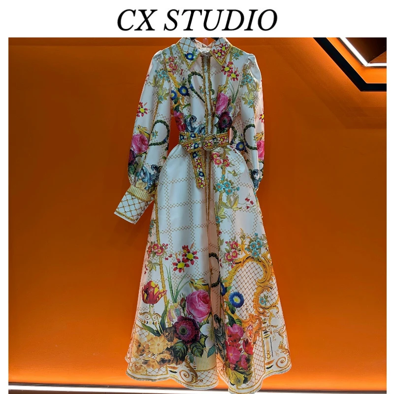 宫廷风连衣裙翻领灯笼袖收腰显瘦印花大摆优雅长裙 K6086