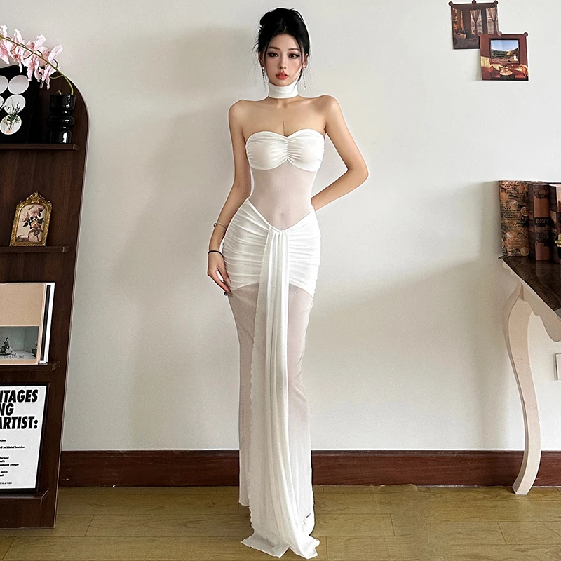 Malou 清冷感女神亮钻性感显瘦连衣裙女 度假风网纱长裙K24D55376