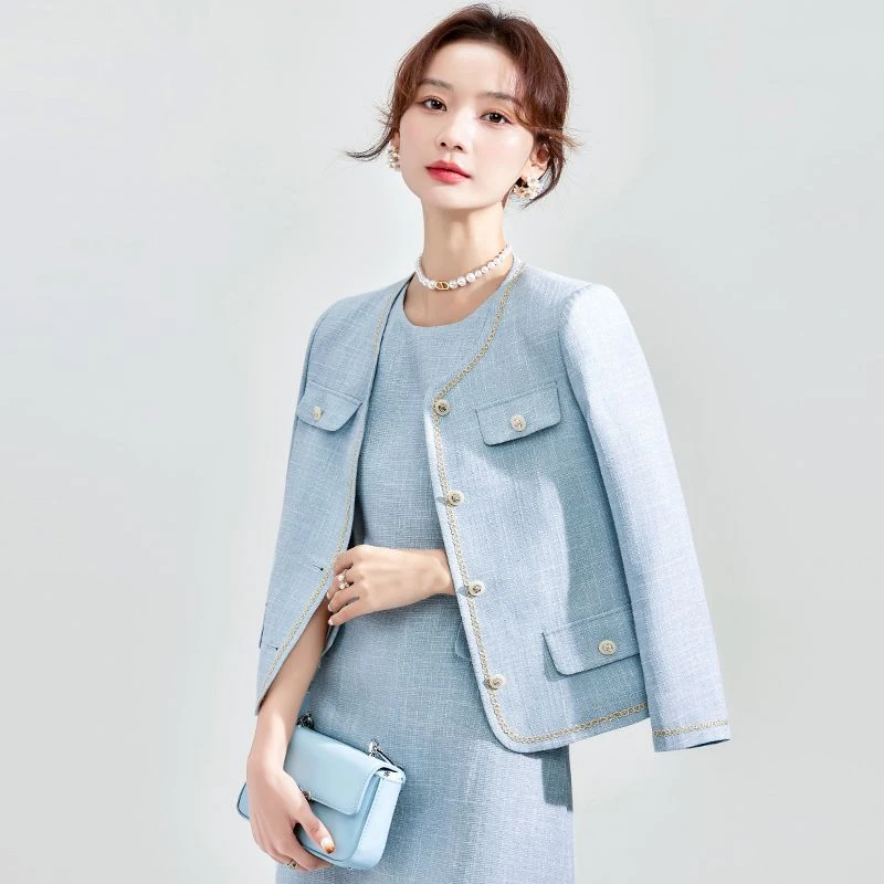 蓝色小香风套装轻奢新款小个子气质名媛小洋装秋冬连衣裙两件套女