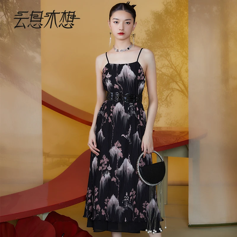 Ysimo-X云思木想原创中国风2024夏季新款印花雪纺吊带连衣裙11591