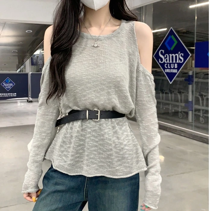 实拍实价韩系慵懒风露肩长袖圆领针织衫（送腰带