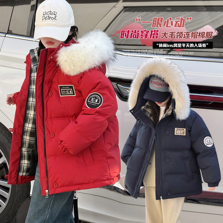女童大毛领棉衣冬季新款中大童加厚连帽外套初中生保暖派克服冬装
