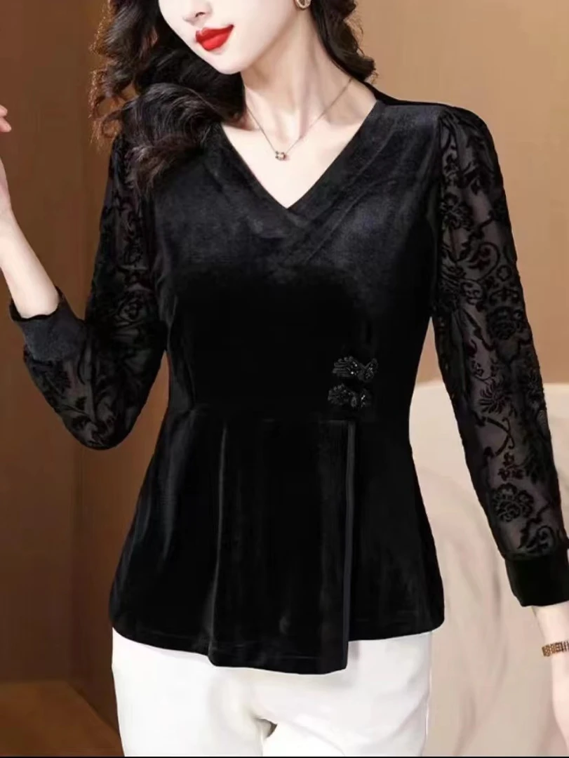 玄青H049打底时尚金丝蕾丝气质女士百搭长袖显瘦重工