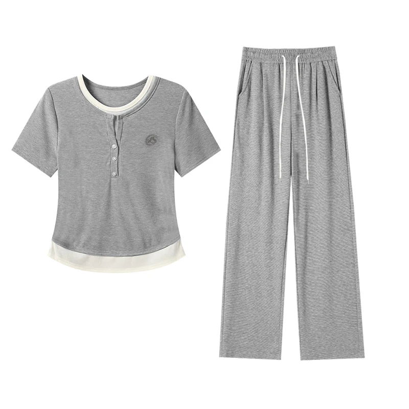 【马琦尧专属】2025春夏烫钻假两件套装休闲风拼接半开衫套装5693