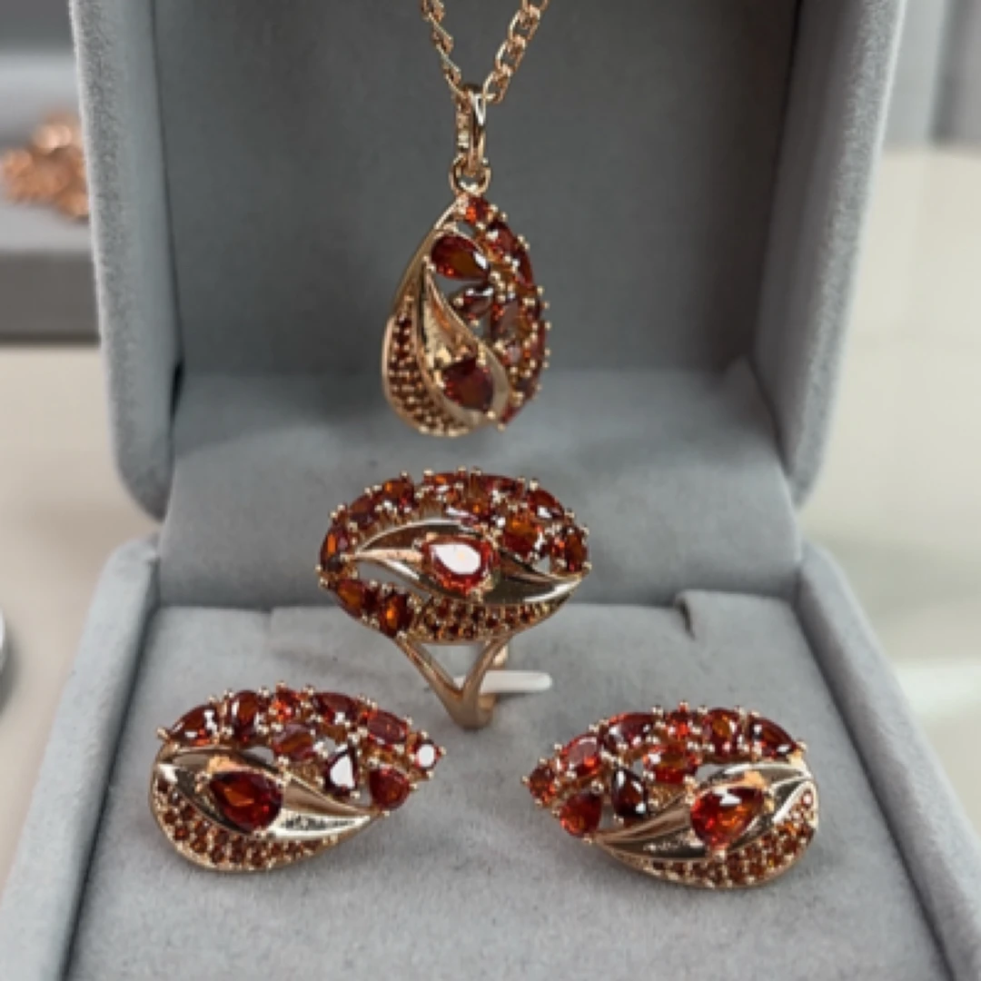 铜合金锆石项链 新款镀金焦糖色套装