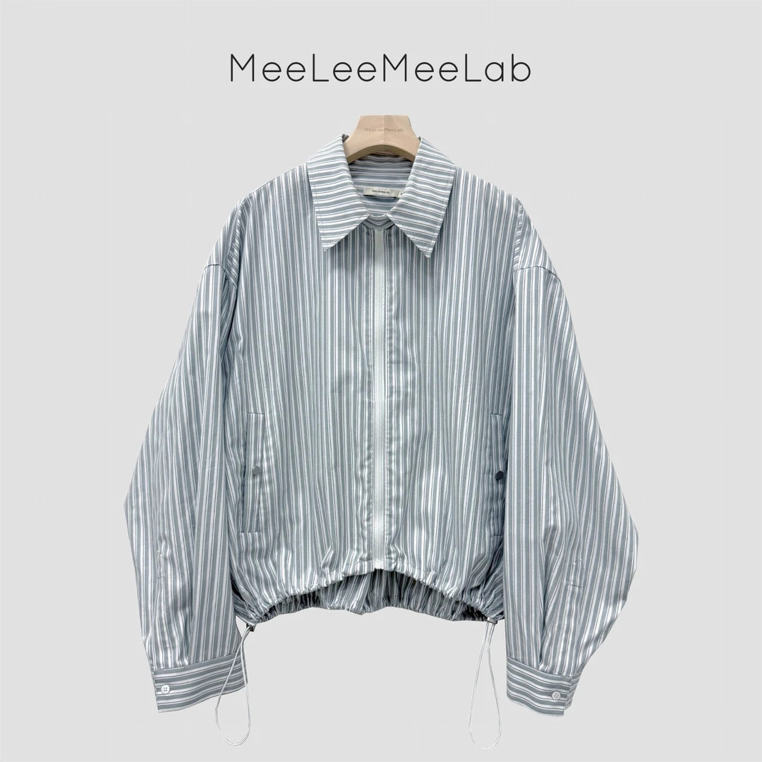 MeeLeeMeeLab绅士优雅复古条纹方领拉链宽松短款长袖衬衫薄外套