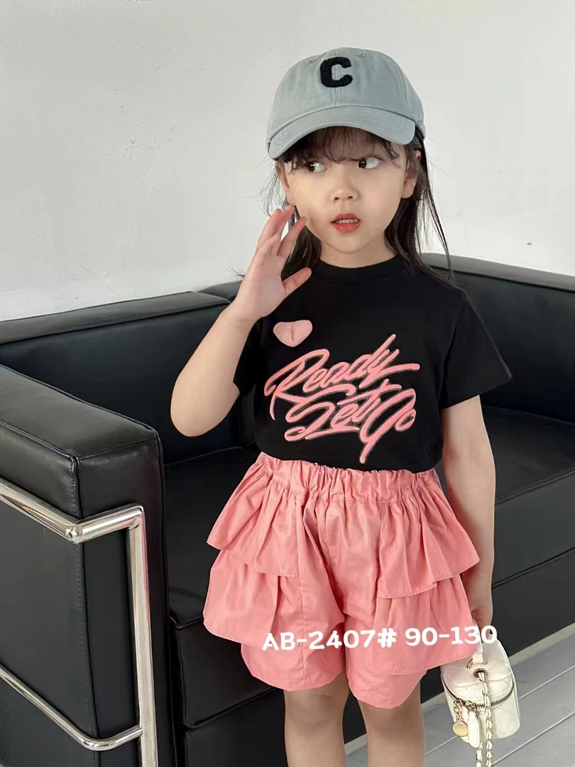 儿童女童韩版套装女休闲薄款字母套装上衣时尚夏季卡通动漫短裙