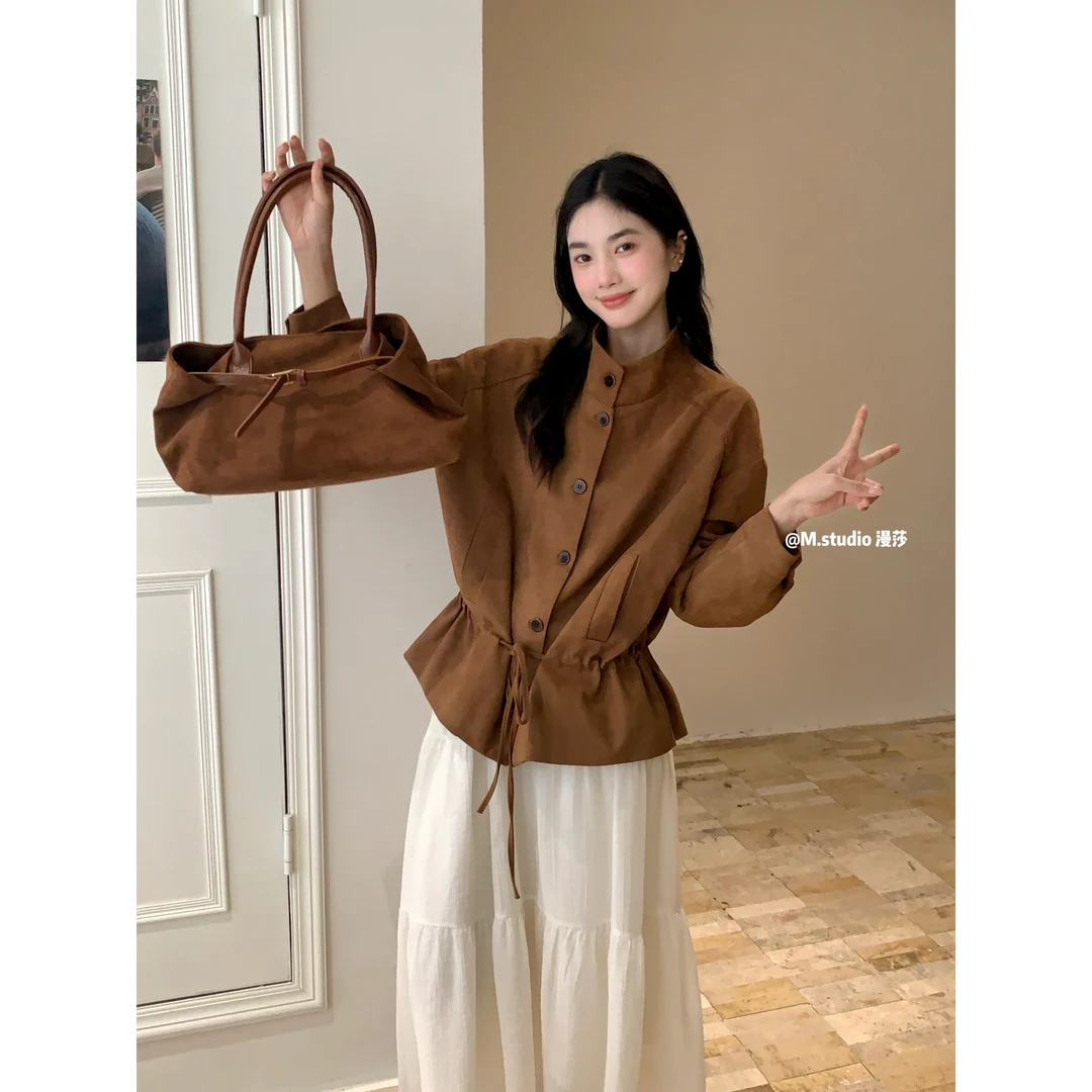 MSTUDIO漫莎-伦敦歌剧院立领麂皮绒排扣下摆抽绳设计短外套1703