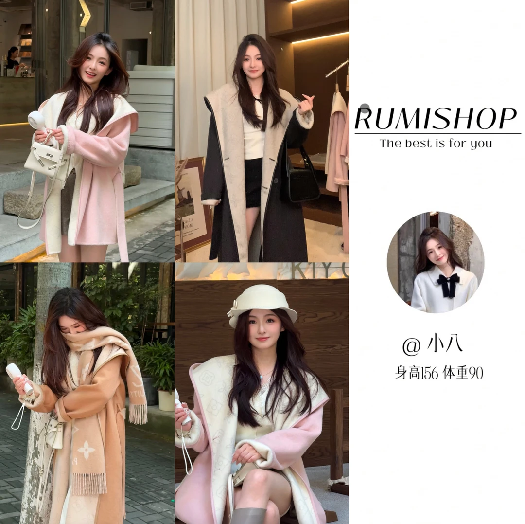 RUMISHOP【布里克街区】100%頂奢线澳洲羔羊毛经典老花系列连帽大衣