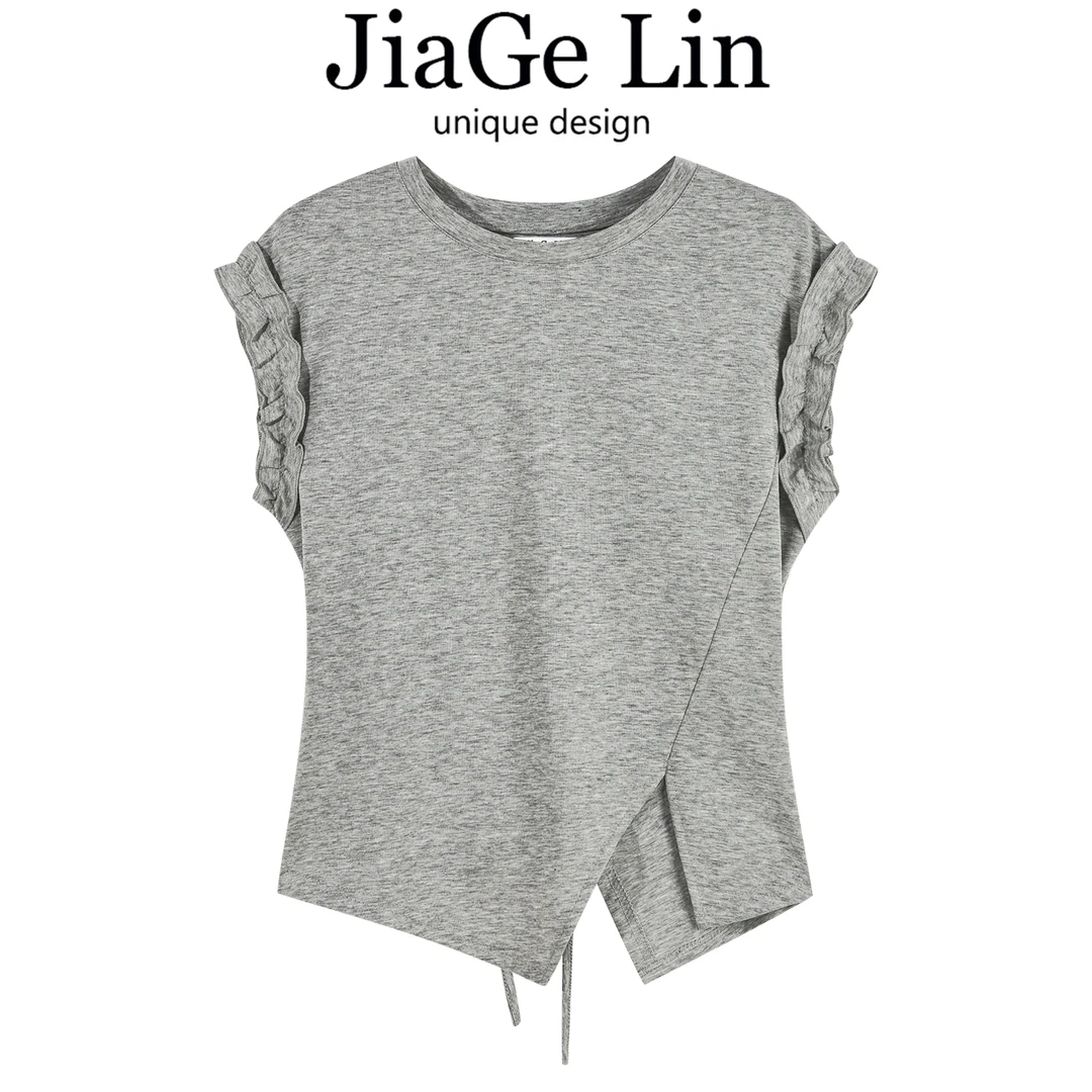 JiaGeLin韩系设计感绑带露背花边T恤纯色小衫女夏季圆领百搭上衣