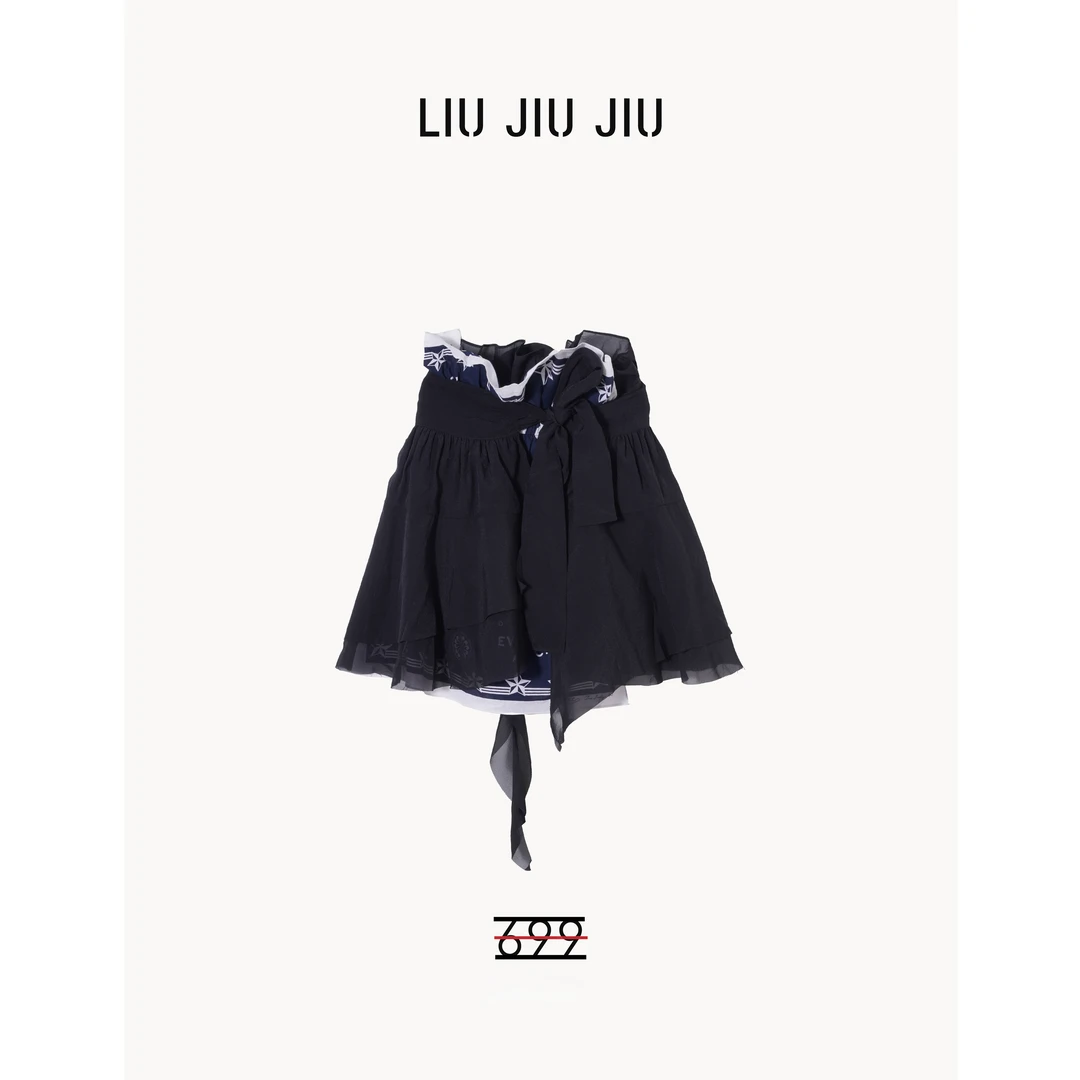 LIUJIUJIU 秋季新款真两件蝴蝶结小众设计感网纱拼接半裙BQ4603L