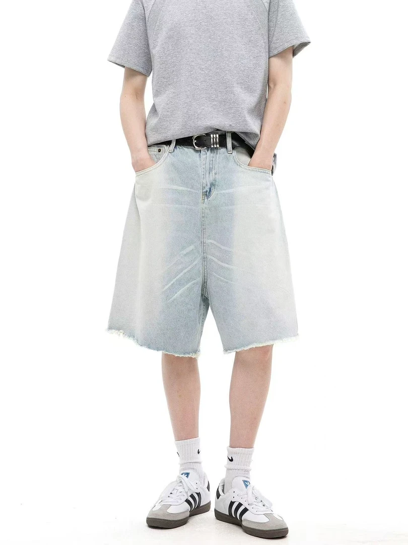 美式水洗猫须毛边牛仔短裤男夏季薄款直筒五分中裤子-6230