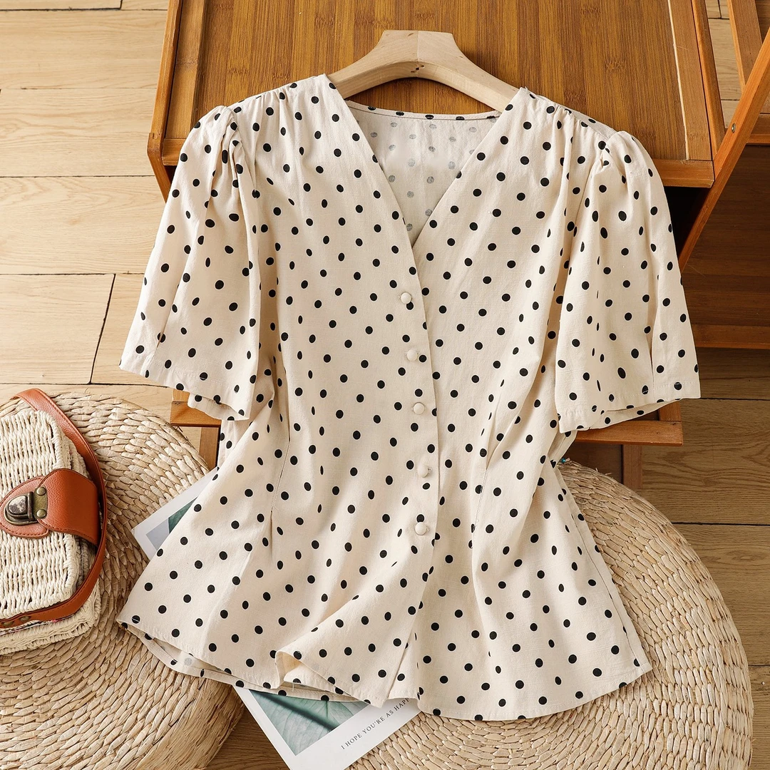 夏季波点小衫捏褶收腰显瘦V领气质短袖开衫韩系斜扣洋气衬衫