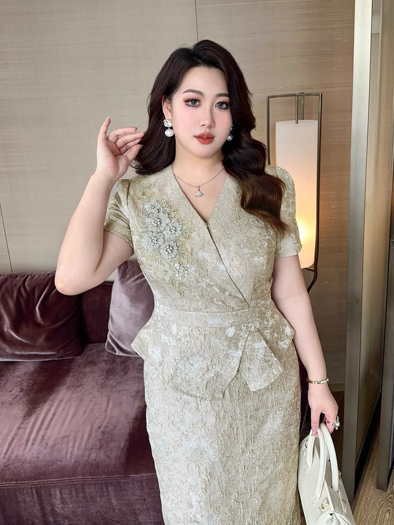 大码女装夏季新款重工钉珠复古提花时尚优雅假两件连衣裙G910A