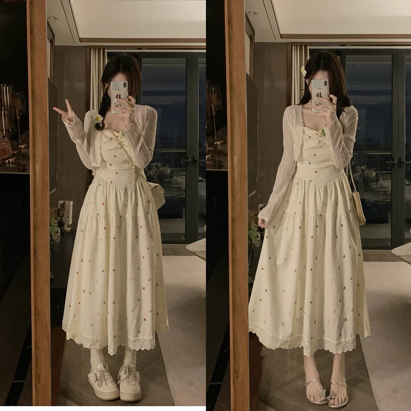 夏季甜美初恋温柔风显瘦设计感连衣裙+短开衫两件套-DJ9864