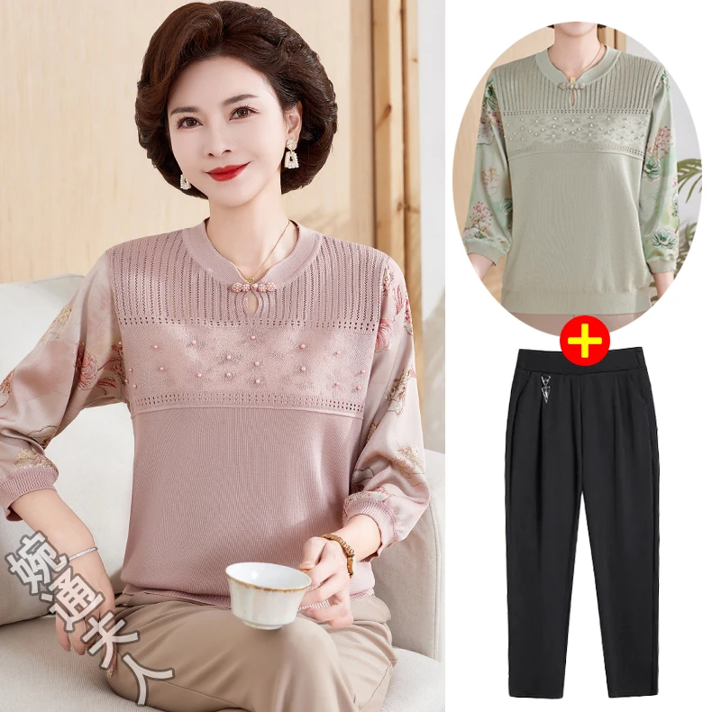 中老年女国风钉珠薄上衣妈妈装春夏新款冰针织七分袖拼接洋气小衫