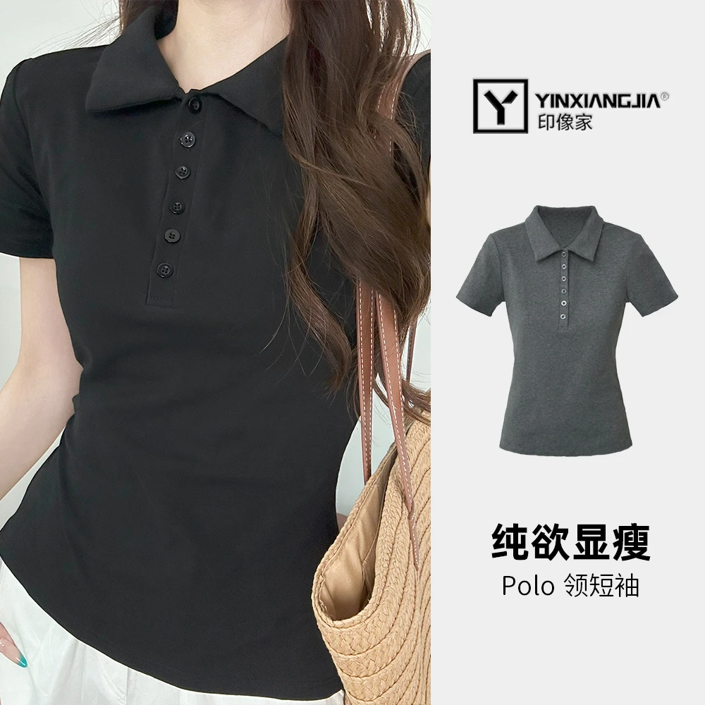 印像家大码微胖纯欲POLO领短袖T恤女修身显瘦百搭辣妹上衣