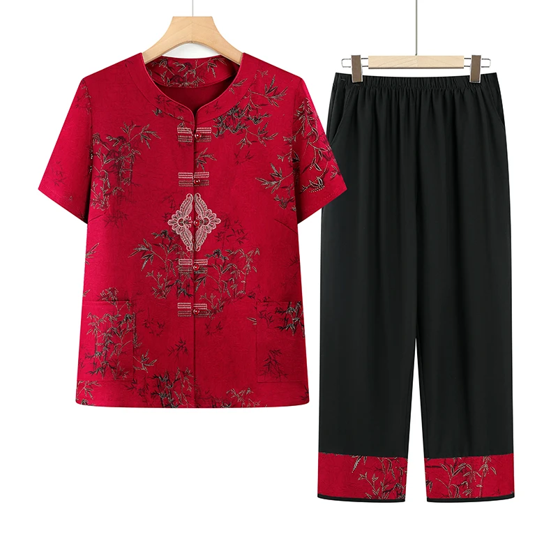 奶奶装夏装短袖喜庆套装中老年人女装婚礼妈妈老人衬衫裤子两件套