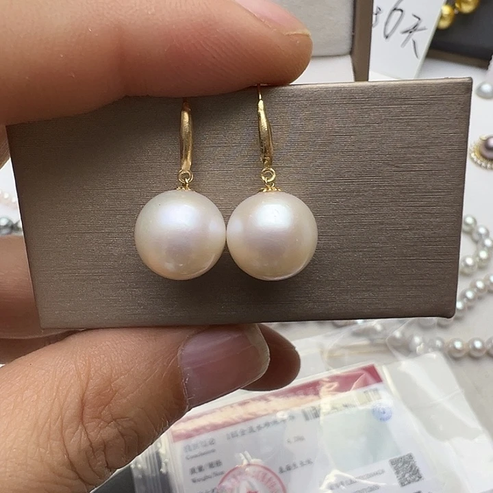 18K金镶嵌耳饰淡水珍珠18K珍珠耳钩11-12mm