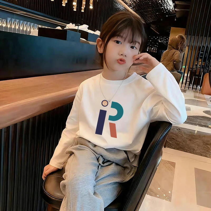 纯棉儿童长袖T恤2025秋款宽松白色休闲百搭女童秋装打底衫上衣