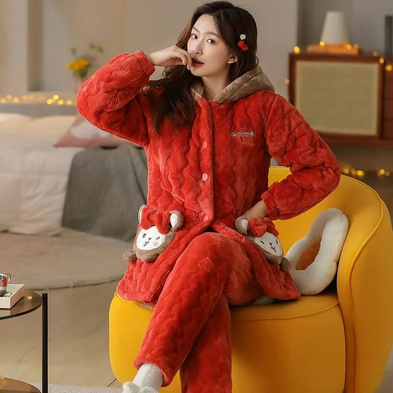 冬季女士加绒睡衣冬款连帽毛绒保暖家居服套装冬天长毛超厚夹棉款