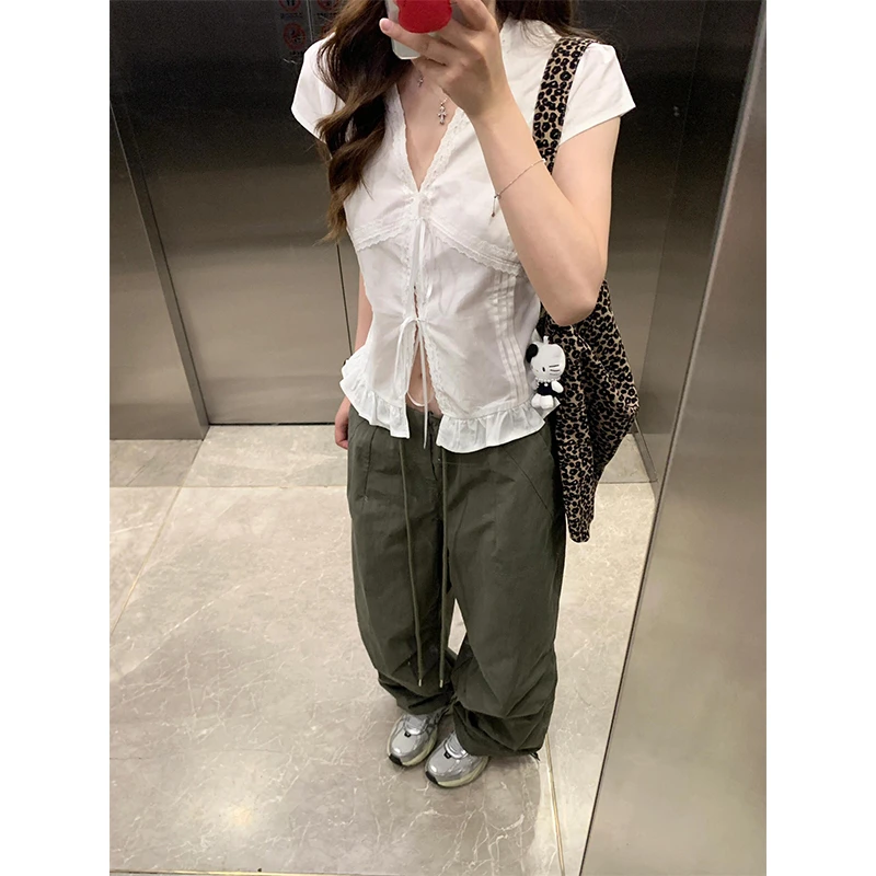 网红洋气炸街女装设计感短袖衬衫衬衣小上衣工装裤宽松休闲伞兵裤