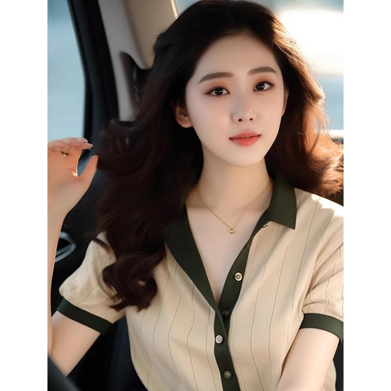 设计感撞色polo领短袖t恤法式别致洋气冰丝上衣通勤减龄显瘦小衫