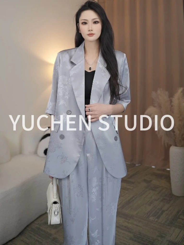 YUCHEN夏季时尚百搭印花短袖西装套装气质显瘦轻奢设计师通勤