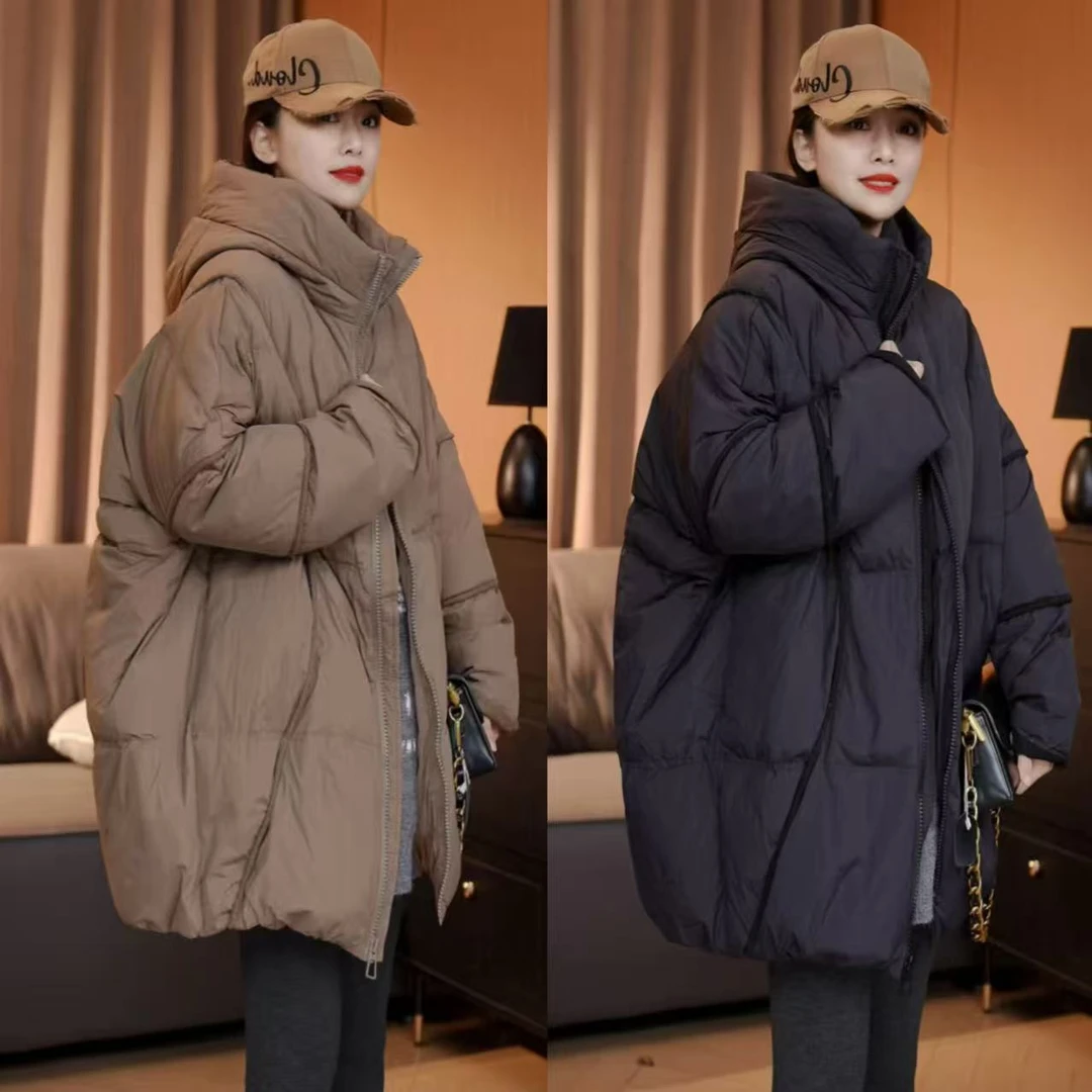 秋冬新款 拉条连帽宽松显瘦加厚棉衣外套上衣百搭时尚保暖棉服