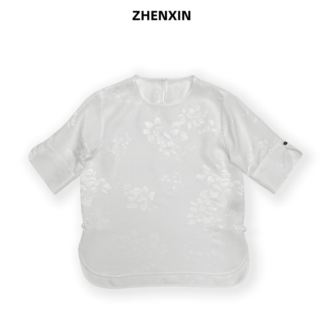 真丝花萝提花上衣短袖桑蚕丝女百搭圆领气质优雅