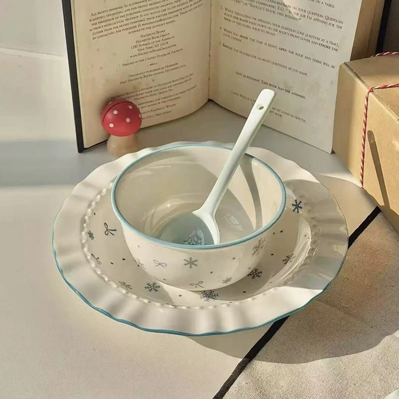 初雪陶瓷碗家用一人食餐具高颜值饭碗盘子可爱泡面碗日式小鹿泡面