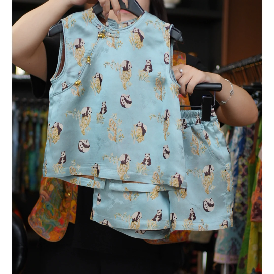 【琨萱】“熊猫嬉竹”2025男女童夏款木薯丝熊猫套装 SS67T198汉服