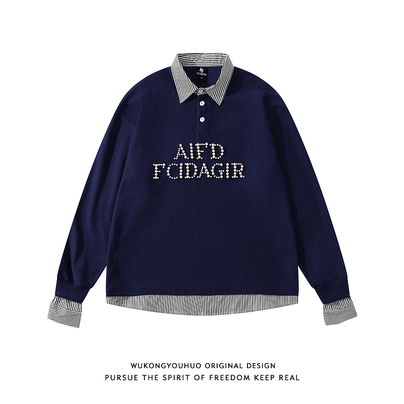 悟空有货美式复古字母假两件POLO领卫衣男女秋季情侣休闲上衣