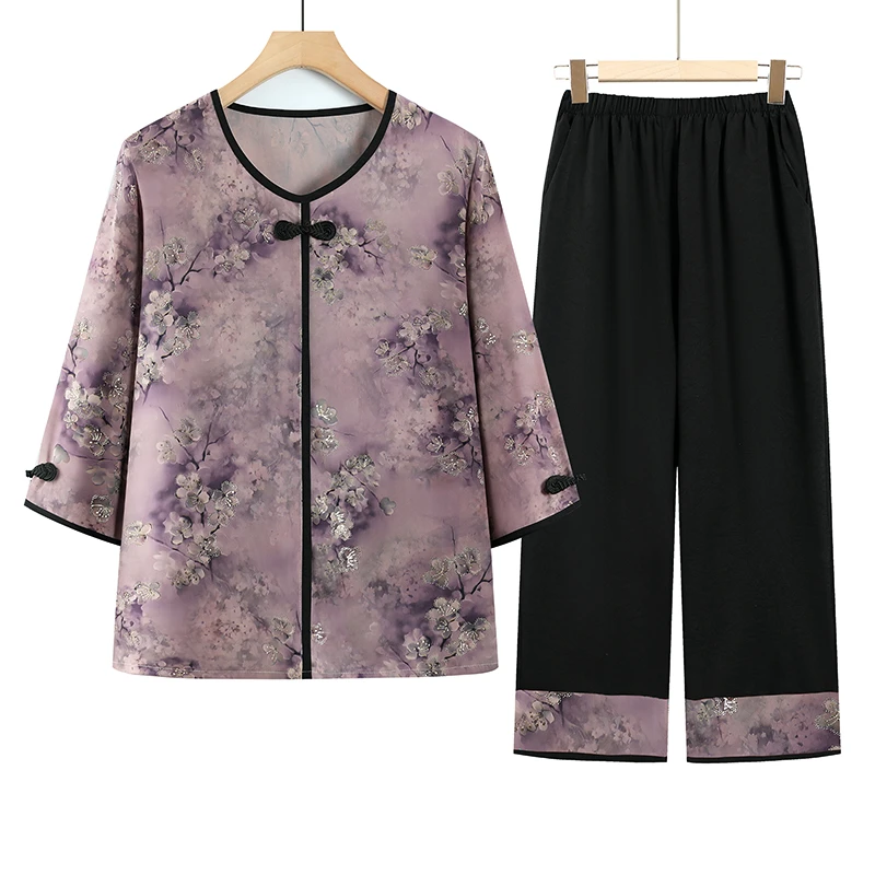 中老年妈妈夏季套装透气50-60岁夏装二件套老人衬衣裤子奶奶装